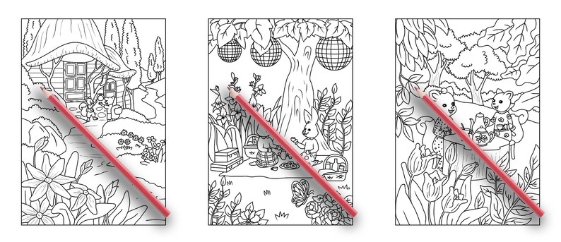 Pode incluir: Tr&ecirc;s p&aacute;ginas para colorir em preto e branco com animais da floresta. A primeira p&aacute;gina mostra uma pequena casa com um telhado em forma de cogumelo. A segunda p&aacute;gina mostra dois animais fazendo um piquenique debaixo de uma &aacute;rvore com luzes penduradas. A terceira p&aacute;gina mostra dois animais sentados em um tronco de &aacute;rvore.