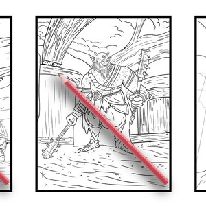 May include: Three black and white line drawings of fantasy characters. The first character is a wizard with a long beard and a pointed hat, holding a staff. The second character is a large, muscular orc with a club. The third character is a slender elf with a bow and arrow.
