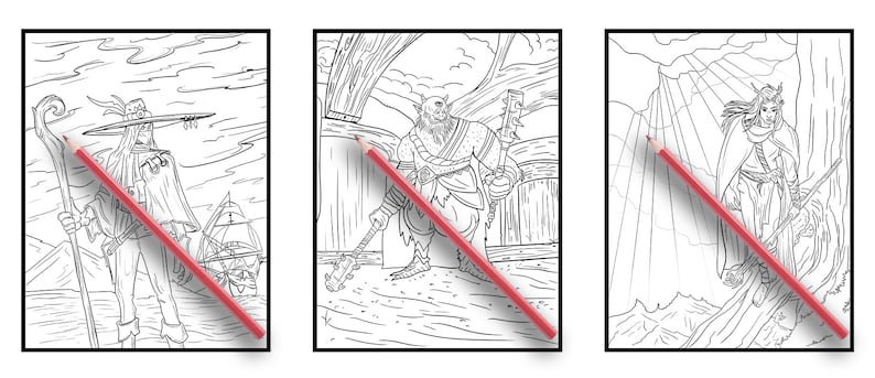 May include: Three black and white line drawings of fantasy characters. The first character is a wizard with a long beard and a pointed hat, holding a staff. The second character is a large, muscular orc with a club. The third character is a slender elf with a bow and arrow.