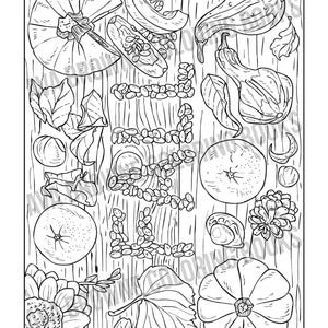 May include: A black and white line drawing of a fall harvest scene. The image features pumpkins, gourds, leaves, and sunflower. The word "FALL" is spelled out using small gourds.