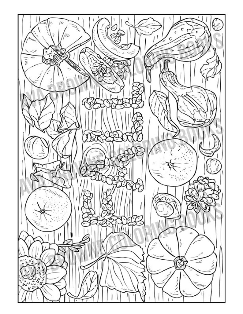 May include: A black and white line drawing of a fall harvest scene. The image features pumpkins, gourds, leaves, and sunflower. The word "FALL" is spelled out using small gourds.