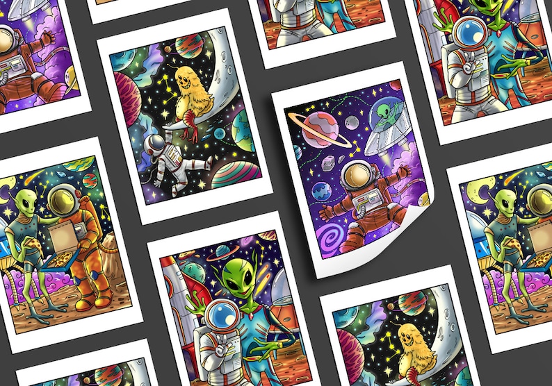 K&ouml;nnte beinhalten: Ein Set aus neun bunten Illustrationen mit Astronauten, Au&szlig;erirdischen und anderen Weltraumfiguren. Die Illustrationen sind vor einem dunkelblauen Hintergrund mit Sternen und Planeten platziert. Jede Illustration ist in einen wei&szlig;en Rahmen gefasst.