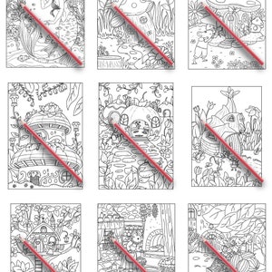 May include: Nine black and white coloring pages featuring whimsical mushroom houses, a mermaid, and other fairy tale creatures. The pages are designed for adults and children to color.