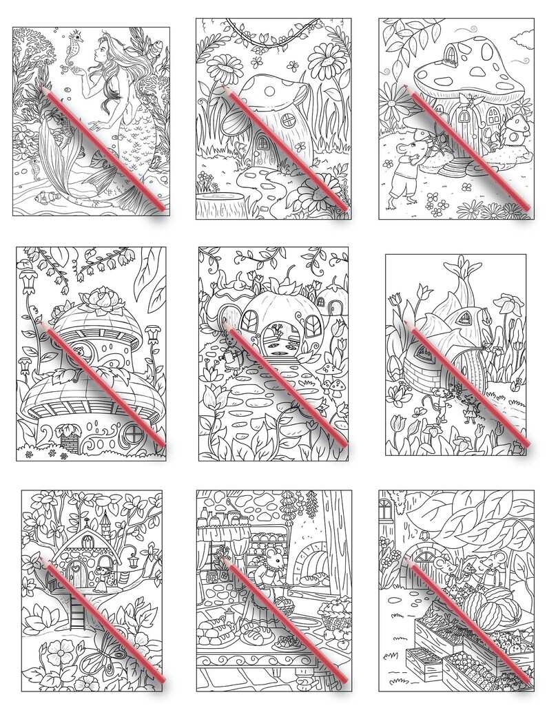 May include: Nine black and white coloring pages featuring whimsical mushroom houses, a mermaid, and other fairy tale creatures. The pages are designed for adults and children to color.