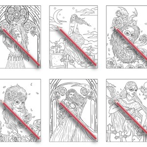 Puede incluir: Seis ilustraciones en blanco y negro de mujeres con temas g&oacute;ticos y espeluznantes. Las mujeres se representan con cabello largo, detalles intrincados y varios accesorios. Las ilustraciones son perfectas para libros para colorear, impresiones de arte o dise&ntilde;os digitales.