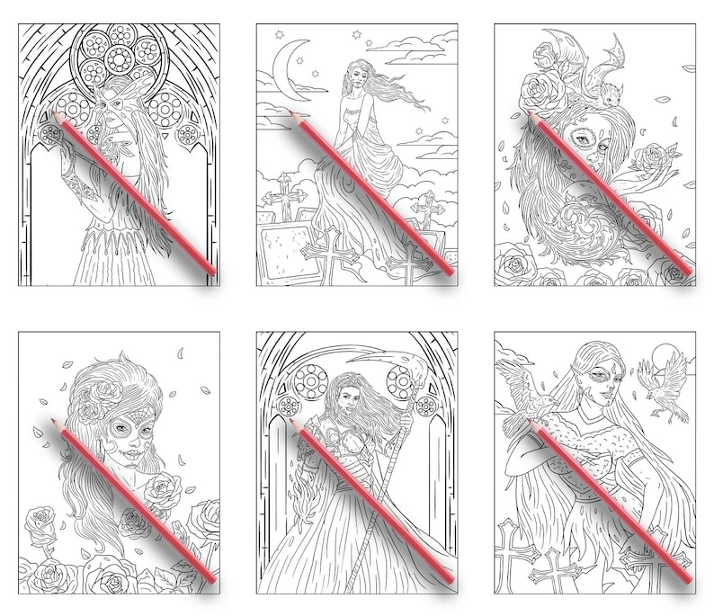 Puede incluir: Seis ilustraciones en blanco y negro de mujeres con temas g&oacute;ticos y espeluznantes. Las mujeres se representan con cabello largo, detalles intrincados y varios accesorios. Las ilustraciones son perfectas para libros para colorear, impresiones de arte o dise&ntilde;os digitales.