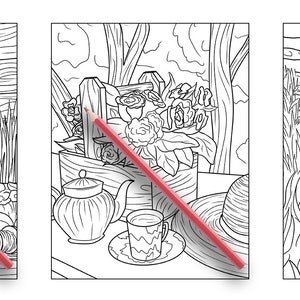 Puede incluir: Tres p&aacute;ginas para colorear en blanco y negro que representan una escena de jard&iacute;n con una regadera, flores y una tetera, una escena de jard&iacute;n con una cesta de flores y una escena de jard&iacute;n con una bicicleta.
