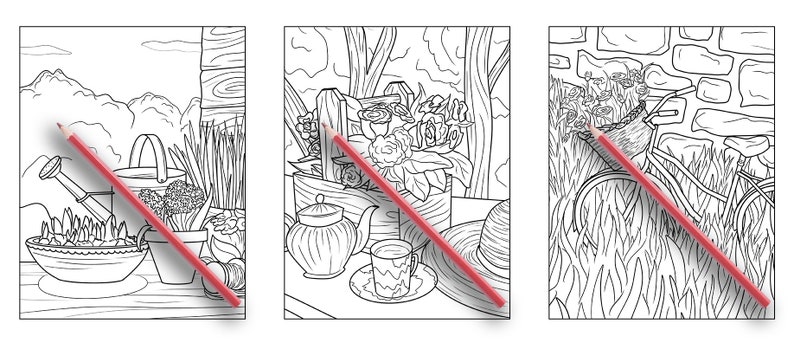 Puede incluir: Tres p&aacute;ginas para colorear en blanco y negro que representan una escena de jard&iacute;n con una regadera, flores y una tetera, una escena de jard&iacute;n con una cesta de flores y una escena de jard&iacute;n con una bicicleta.