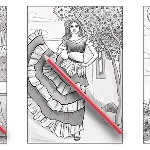 May include: Three black and white illustrations of women in different styles of clothing. The first woman is wearing a long dress with a belt and a necklace. The second woman is wearing a skirt with ruffles and a top with a belt. The third woman is wearing a long dress with a sash and a necklace.