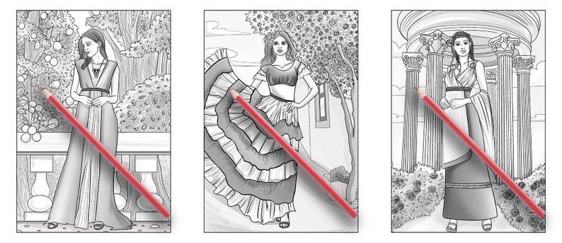 May include: Three black and white illustrations of women in different styles of clothing. The first woman is wearing a long dress with a belt and a necklace. The second woman is wearing a skirt with ruffles and a top with a belt. The third woman is wearing a long dress with a sash and a necklace.
