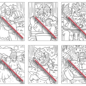 K&ouml;nnte beinhalten: Sechs Schwarzwei&szlig;illustrationen von Elfen in verschiedenen romantischen Szenarien. Das erste Bild zeigt zwei Elfen, die sich k&uuml;ssen. Das zweite Bild zeigt zwei Elfen, die einen Film schauen. Das dritte Bild zeigt zwei Elfen, die Kaffee trinken. Das vierte Bild zeigt zwei Elfen, die am Strand spazieren gehen. Das f&uuml;nfte Bild zeigt einen Elfen mit Engelsfl&uuml;geln, der einen Pfeil schie&szlig;t. Das sechste Bild zeigt einen Elfen, der in einen Spiegel schaut, in dem ein anderer Elf einen LKW f&auml;hrt.