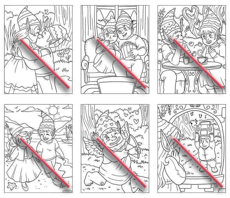 K&ouml;nnte beinhalten: Sechs Schwarzwei&szlig;illustrationen von Elfen in verschiedenen romantischen Szenarien. Das erste Bild zeigt zwei Elfen, die sich k&uuml;ssen. Das zweite Bild zeigt zwei Elfen, die einen Film schauen. Das dritte Bild zeigt zwei Elfen, die Kaffee trinken. Das vierte Bild zeigt zwei Elfen, die am Strand spazieren gehen. Das f&uuml;nfte Bild zeigt einen Elfen mit Engelsfl&uuml;geln, der einen Pfeil schie&szlig;t. Das sechste Bild zeigt einen Elfen, der in einen Spiegel schaut, in dem ein anderer Elf einen LKW f&auml;hrt.