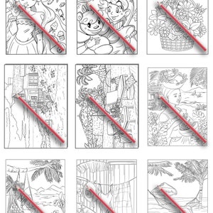May include: A set of nine black and white coloring pages featuring various scenes, including a girl with candy, a girl with a teddy bear, a bird in a basket, a house with a garden, a tropical scene with a hammock, and a beach scene with palm trees.
