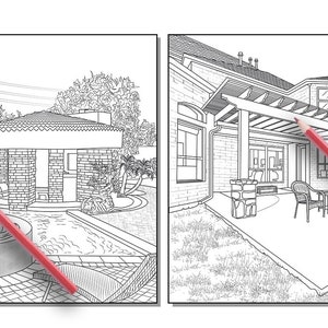 Peut inclure: Un dessin en noir et blanc d'une maison avec une piscine et une terrasse. Le dessin est dans le style d'un livre &agrave; colorier.