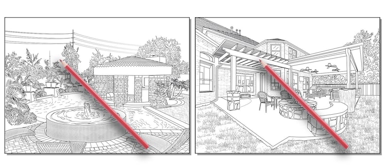 Peut inclure: Un dessin en noir et blanc d'une maison avec une piscine et une terrasse. Le dessin est dans le style d'un livre &agrave; colorier.