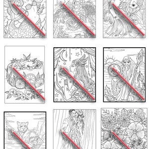 May include: A set of nine coloring pages featuring various illustrations, including a mermaid, a seahorse, a couple dancing, a cat, and a floral design. Each page is printed on white paper and is ready to be colored.