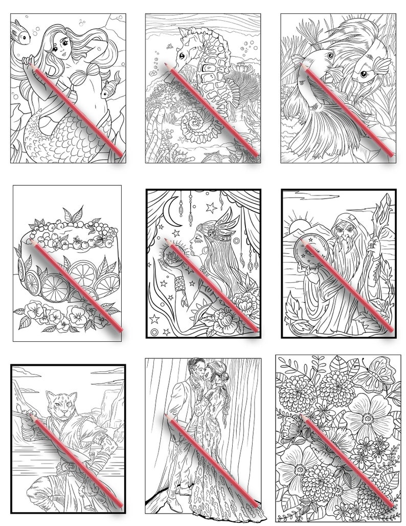 May include: A set of nine coloring pages featuring various illustrations, including a mermaid, a seahorse, a couple dancing, a cat, and a floral design. Each page is printed on white paper and is ready to be colored.