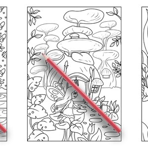 May include: Three black and white coloring pages featuring whimsical scenes with a mouse, a fairy, and a mushroom house. The pages are designed for children to color.