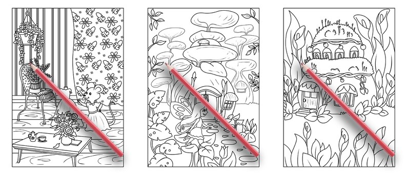 May include: Three black and white coloring pages featuring whimsical scenes with a mouse, a fairy, and a mushroom house. The pages are designed for children to color.