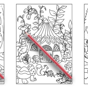 May include: Three black and white illustrations of whimsical houses in a forest setting. The first house is a treehouse with a curved roof and a window. The second house is a mushroom-shaped house with a pointed roof and a door. The third house is a castle with a tall tower and a pointed roof.