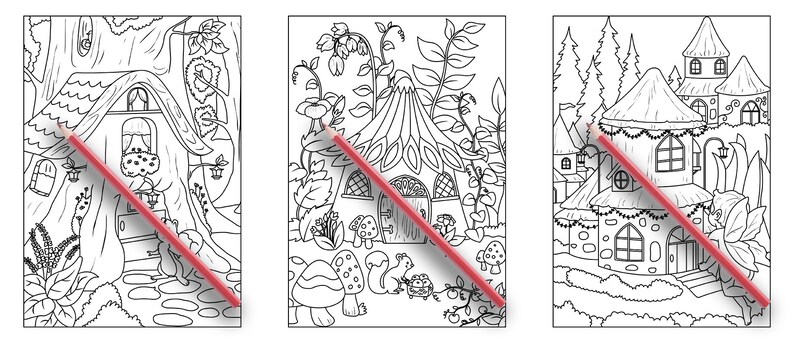 May include: Three black and white illustrations of whimsical houses in a forest setting. The first house is a treehouse with a curved roof and a window. The second house is a mushroom-shaped house with a pointed roof and a door. The third house is a castle with a tall tower and a pointed roof.