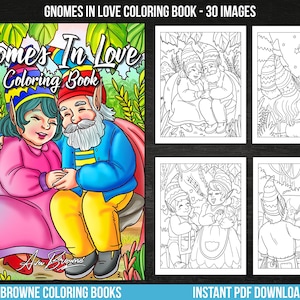 K&ouml;nnte beinhalten: Ein Malbuch mit einem verliebten Gnom-Paar. Der Umschlag zeigt einen m&auml;nnlichen Gnom mit Bart und eine weibliche Gnom mit einer Blume im Haar. Der Titel des Buches lautet "Gnomes In Love Coloring Book".