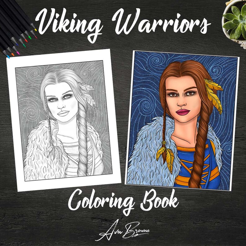 May include: A coloring book page featuring a female Viking warrior with long braided hair, wearing a fur-lined tunic and holding a feathered headdress. The image is in black and white on the left and colored on the right. The title "Viking Warriors Coloring Book" is at the bottom of the page.