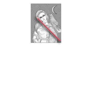 May include: A black and white illustration of a woman with long hair and a raven perched on her shoulder. The background is a starry night sky with a crescent moon.