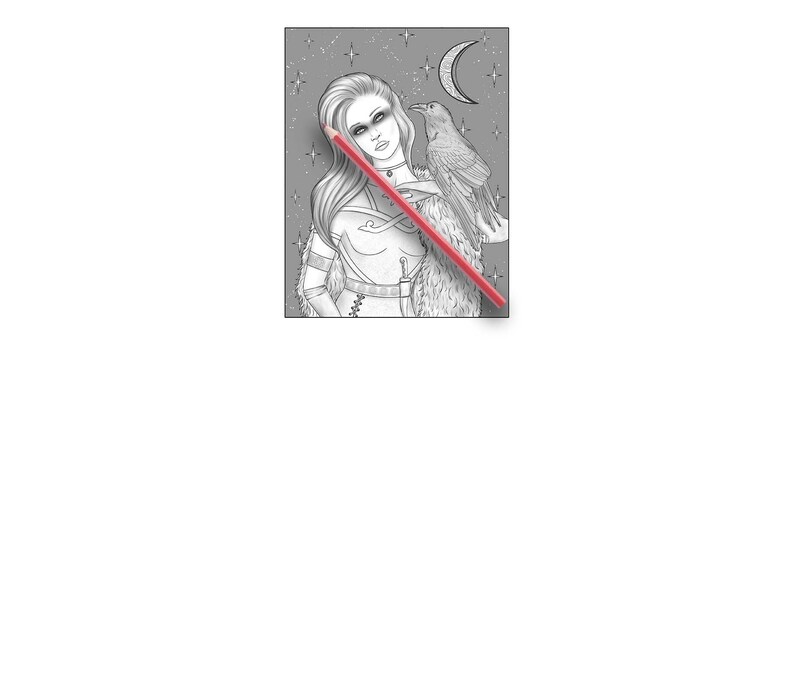 May include: A black and white illustration of a woman with long hair and a raven perched on her shoulder. The background is a starry night sky with a crescent moon.
