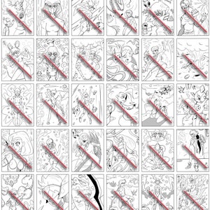 May include: A collection of 25 black and white illustrations featuring various characters and scenes. The illustrations are drawn in a cartoon style and feature a variety of themes, including fantasy, science fiction, and adventure.