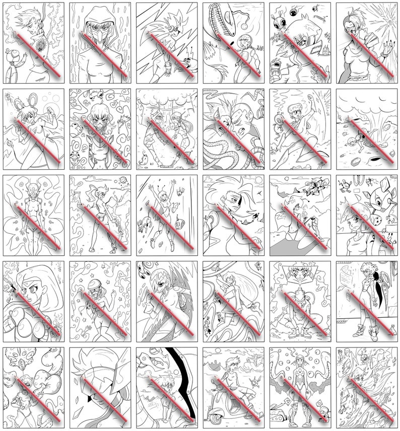 May include: A collection of 25 black and white illustrations featuring various characters and scenes. The illustrations are drawn in a cartoon style and feature a variety of themes, including fantasy, science fiction, and adventure.