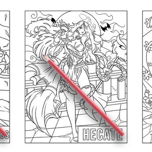 May include: Three black and white line drawings of Greek gods and goddesses. The first image is of Hephaestus, the second is of Hecate, and the third is of Hera.