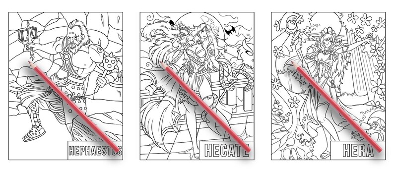 May include: Three black and white line drawings of Greek gods and goddesses. The first image is of Hephaestus, the second is of Hecate, and the third is of Hera.