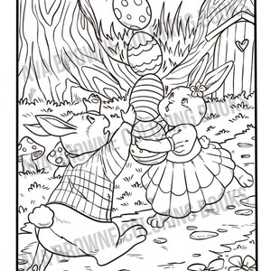 Peut inclure: Une illustration en noir et blanc de deux lapins jouant avec des &oelig;ufs de P&acirc;ques dans un d&eacute;cor de for&ecirc;t. Un lapin tient une pile d'&oelig;ufs tandis que l'autre lapin tend la main vers un &oelig;uf.