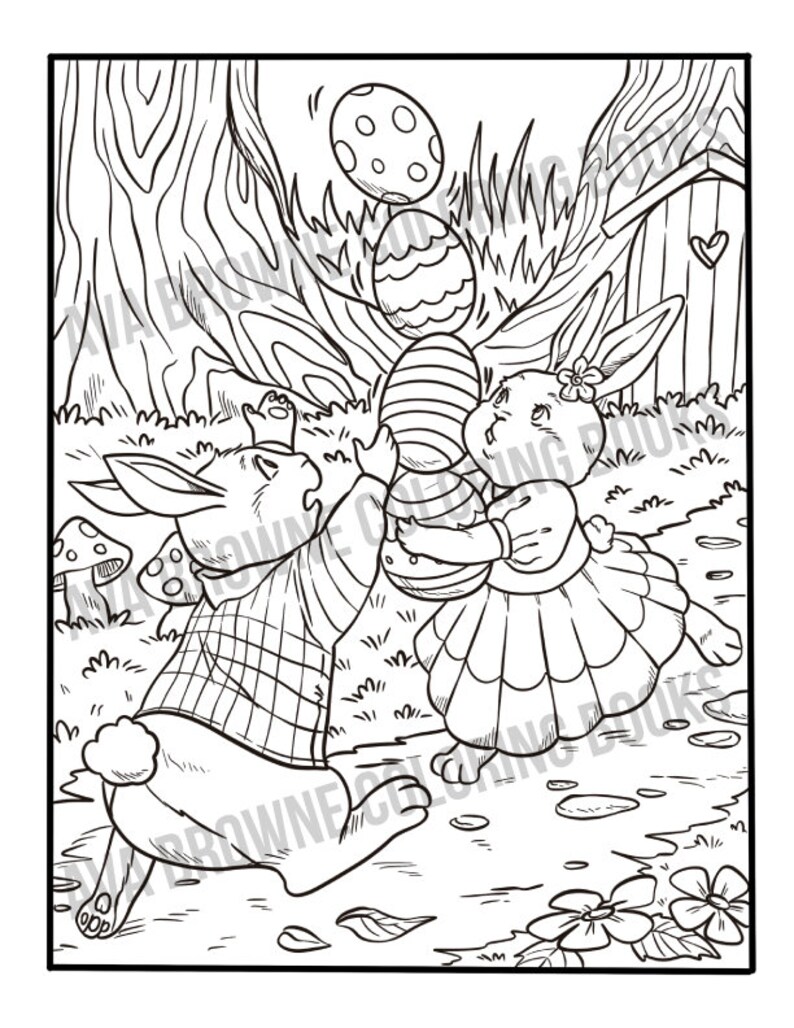 Peut inclure: Une illustration en noir et blanc de deux lapins jouant avec des &oelig;ufs de P&acirc;ques dans un d&eacute;cor de for&ecirc;t. Un lapin tient une pile d'&oelig;ufs tandis que l'autre lapin tend la main vers un &oelig;uf.