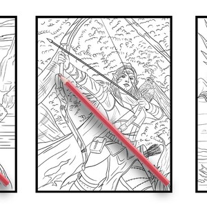 May include: Three black and white line drawings of fantasy creatures. The first image shows a cat-like creature wearing a robe and holding a sword. The second image shows a woman with long hair holding a bow and arrow. The third image shows a winged horse with a horn.