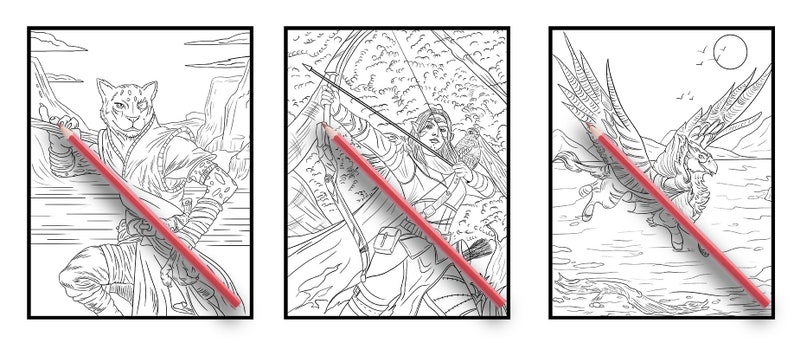 May include: Three black and white line drawings of fantasy creatures. The first image shows a cat-like creature wearing a robe and holding a sword. The second image shows a woman with long hair holding a bow and arrow. The third image shows a winged horse with a horn.