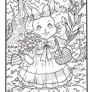 Peut inclure: Un dessin au trait noir et blanc d'un lapin portant une robe et tenant un panier d'&oelig;ufs. Le lapin est entour&eacute; de fleurs et de verdure.