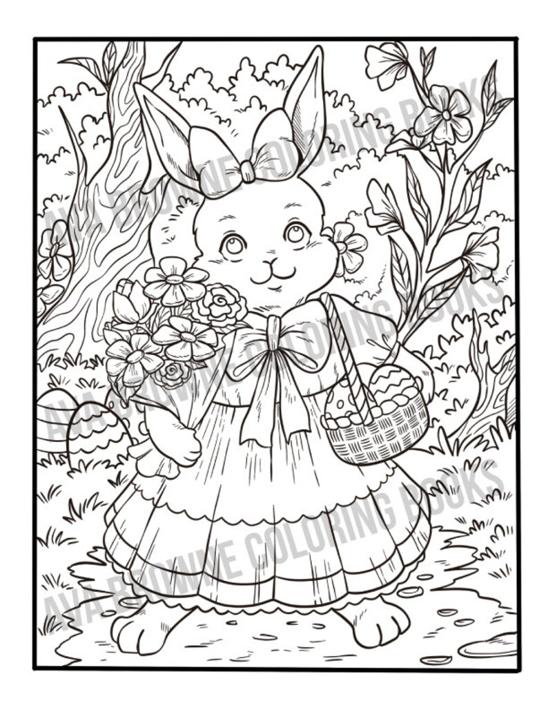 Peut inclure: Un dessin au trait noir et blanc d'un lapin portant une robe et tenant un panier d'&oelig;ufs. Le lapin est entour&eacute; de fleurs et de verdure.