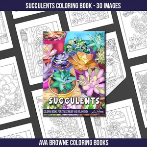 May include: A coloring book cover featuring a colorful illustration of succulents in pots. The cover has the title "Succulents" and the text "Coloring Books for Stress Relief and Relaxation".