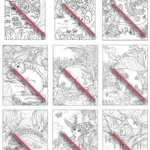 May include: Nine black and white coloring pages featuring whimsical scenes of a fairy, a mouse, a teapot, a mushroom house, and a treehouse. Each page is filled with intricate details and whimsical characters, perfect for coloring and relaxation.