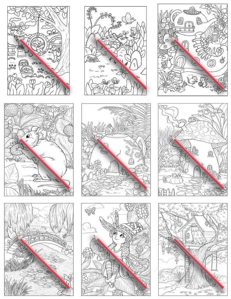 May include: Nine black and white coloring pages featuring whimsical scenes of a fairy, a mouse, a teapot, a mushroom house, and a treehouse. Each page is filled with intricate details and whimsical characters, perfect for coloring and relaxation.