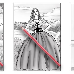 May include: Three black and white line drawings of women in different dresses. The woman on the left is standing next to a tree, the woman in the middle is standing in a field, and the woman on the right is standing in a doorway.