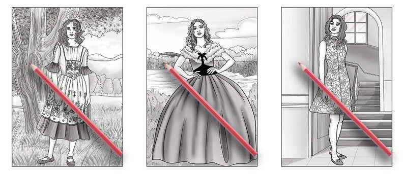 May include: Three black and white line drawings of women in different dresses. The woman on the left is standing next to a tree, the woman in the middle is standing in a field, and the woman on the right is standing in a doorway.
