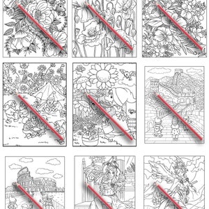 May include: A set of nine coloring pages featuring various scenes, including flowers, a garden, a castle, and a city. Each page is printed on white paper and has a black and white line drawing.