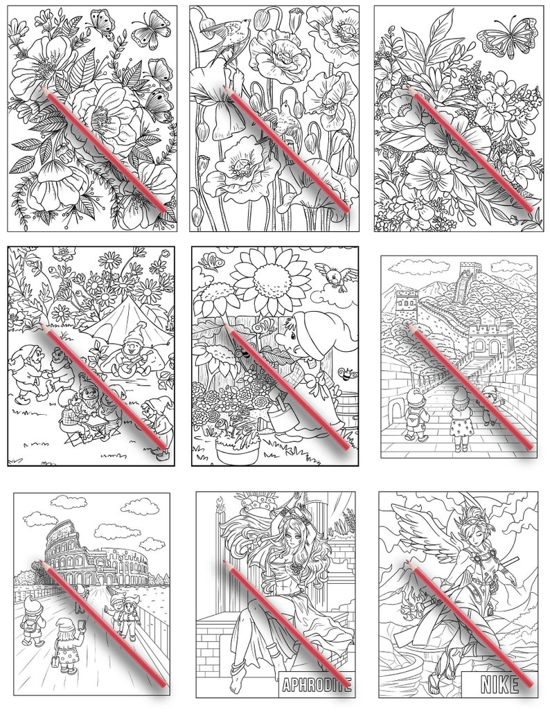 May include: A set of nine coloring pages featuring various scenes, including flowers, a garden, a castle, and a city. Each page is printed on white paper and has a black and white line drawing.