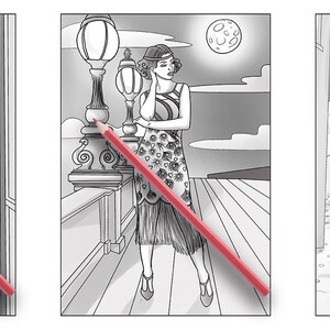 May include: Three black and white illustrations of women in different vintage styles. The first woman is wearing a simple dress and standing on a balcony. The second woman is wearing a flapper dress and standing on a boardwalk. The third woman is wearing a polka dot dress and standing on a city street.