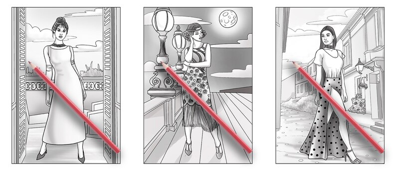 May include: Three black and white illustrations of women in different vintage styles. The first woman is wearing a simple dress and standing on a balcony. The second woman is wearing a flapper dress and standing on a boardwalk. The third woman is wearing a polka dot dress and standing on a city street.
