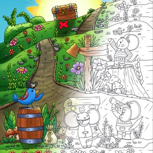 May include: A colourful illustration of a pirate mouse with a treasure map, a treasure chest, and a bird wearing a pirate hat. The illustration is set in a whimsical forest with a path leading to a treasure chest.