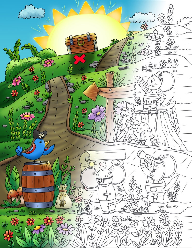 May include: A colourful illustration of a pirate mouse with a treasure map, a treasure chest, and a bird wearing a pirate hat. The illustration is set in a whimsical forest with a path leading to a treasure chest.